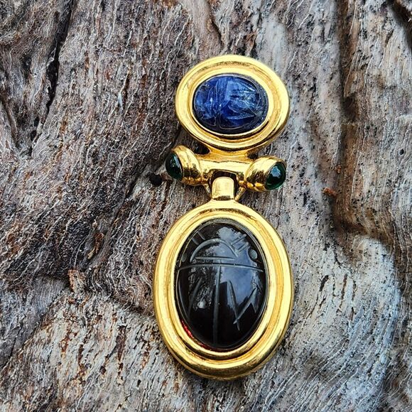 Givenchy Jewelry - Vintage Givenchy Gold Tone Scarab Sodalite Green Glass Egyptian Revival Pendant
